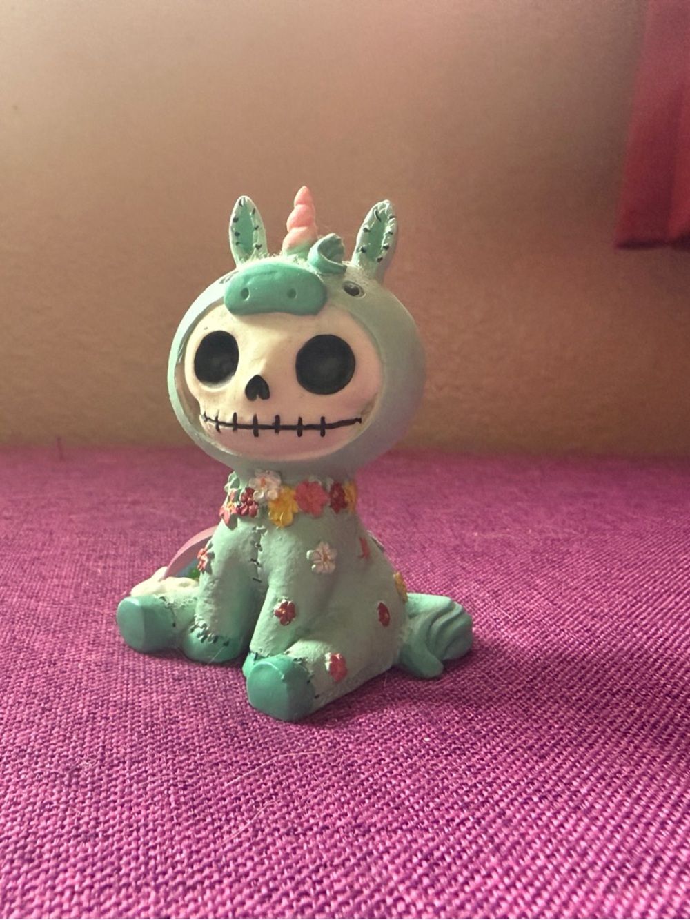 Furry Bones Mint Green Unicorn Skull Plush-Style Figurine for Kids